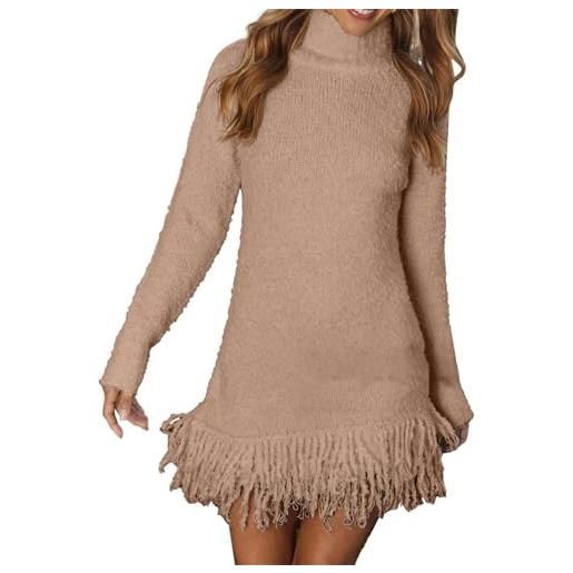 Generic abito maglione con nappe da donna a collo alto a maniche lunghe con frange tunica maglione abito invernale caldo morbido peluche accogliente pullover oversize maglioni, beige, l