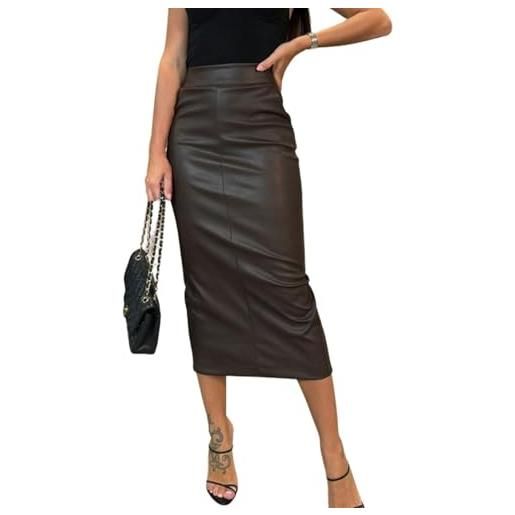 LLECDASEUI gonna lunga da donna in finta pelle, aderente, a vita alta, sottile, con tasche, caff, l