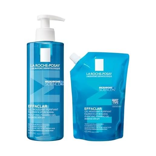 La Roche-Posay effaclar gel mousse purificante 400 ml + refill 400 ml | detergente viso per pelli grasse e a tendenza acneica, rimuove sebo e impurità, formula delicata