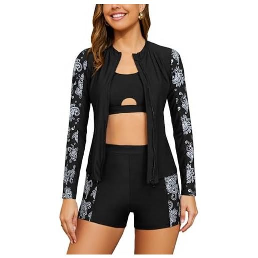SHEKINI rash guard da donna manica lunga 3 pezzi protezione uv costumi da bagno con cerniera e pantaloncini a vita alta sportivo beachwear per nuoto e surf