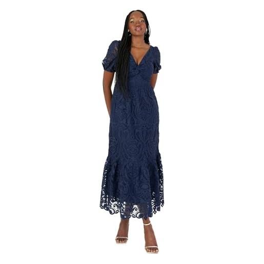Maya Deluxe women's midi dress ladies v-neck short puff sleeves twist front lace tiered bottom hemline a-line wedding guest occasion nan, blu navy, 62 donna