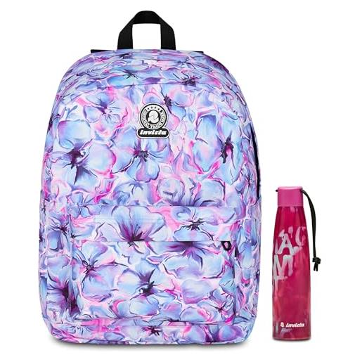 Invicta zaino monoscomparto ollie fantasy, lilla, tasca porta borraccia, tasca per pc 14, zaino scuola, bambina e ragazza + Invicta borraccia, rosa, borraccia termica in acciaio i