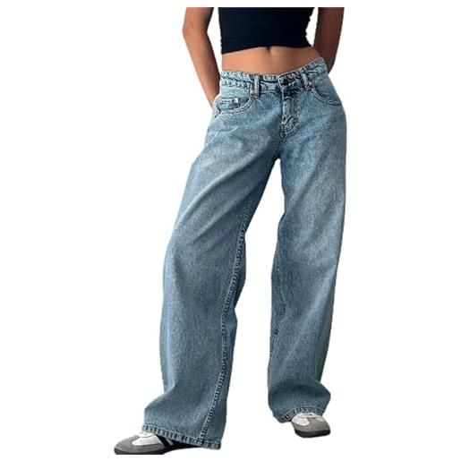 Generic y2k boyfriend pantaloni lunghi elasticizzati alla moda in denim, pantaloni larghi in denim a gamba dritta a vita bassa, jeans da donna a gamba larga, azzurro, s