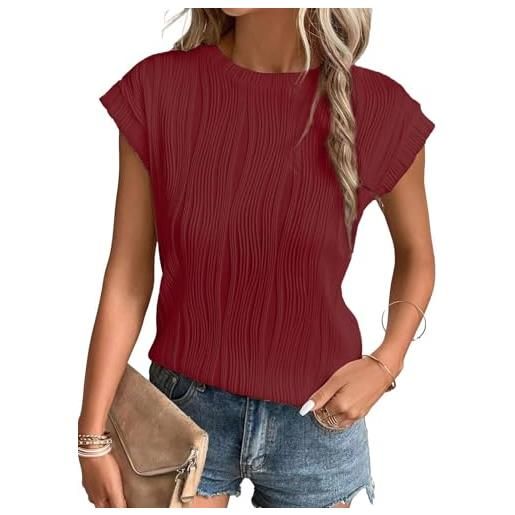 TANMESSO maglietta girocollo a maniche corte da donna | top in maglia larga casual testurizzata | t-shirt basic tinta unita, borgogna, xxl
