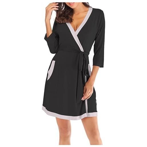 MIOTEQ vestaglia corta da donna, leggera, in cotone, a maglia, con tasche, nero , xxl