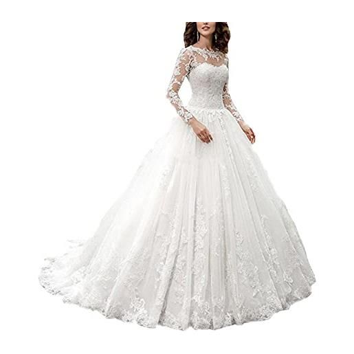 Generic elegante abito da sera da donna, a maniche lunghe, in pizzo, abito da sposa, abito da sera lungo, bianco sporco, 32
