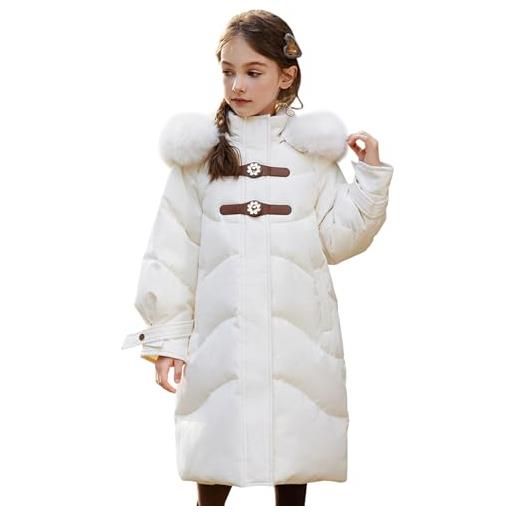 Amur Leopard cappotto invernale bambina piumino con cappuccio ragazza giacca trapuntata giubbotti parka spesso medio-lungo, bianco, 160/12-13 anni