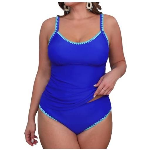 CUPSHE tankini da donna con scollo a u, bordo all'uncinetto, a vita media, spalline regolabili, costume da bagno in due pezzi, taglie forti e curvy (xs-4xl), blu reale, 3xl plus