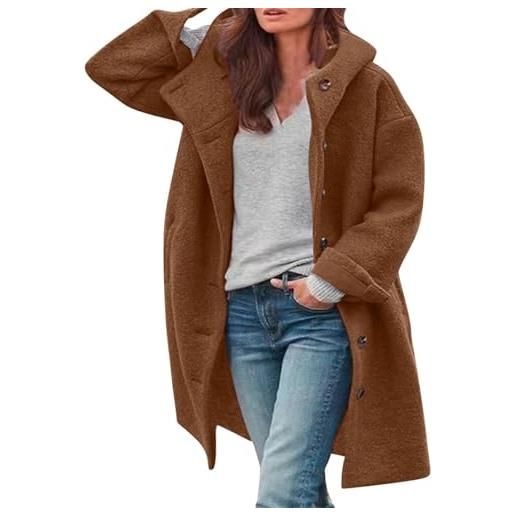 Yancremio cappotto in misto lana con cappuccio monopetto da donna autunno e inverno moda calda giacca in tweed spesso business casual cappotto antivento all'aperto (caffè, m)