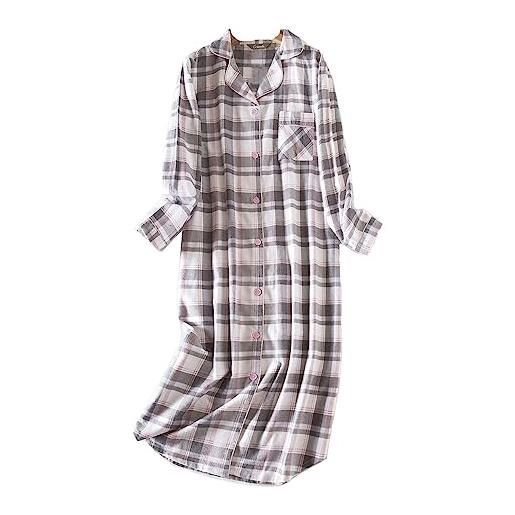 DSJJ camicia da notte donna cotone bottoni aperte davanti manica lunga pigiama lunga sleepwear (grigio-3, xl)