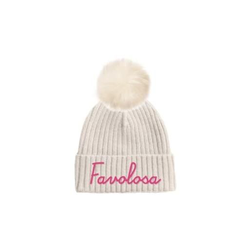 Saint Barth mc2 cappello wengen bianco con pompon e scritta favolosa fucsia (it, testo, m, l, bambina, bianco)