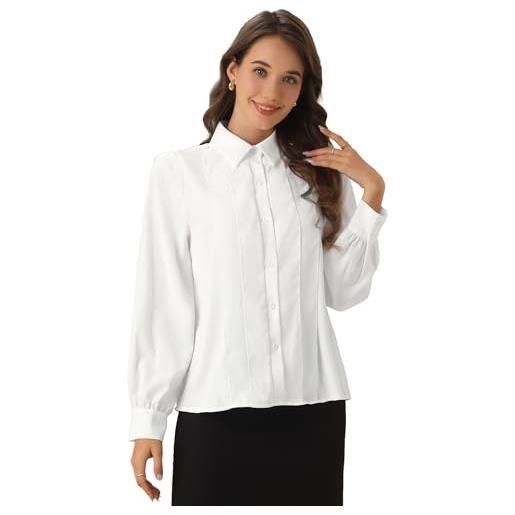 Allegra K camicia plissettata per donna, con colletto, manica lunga, elegante, da ufficio e da lavoro bianca m