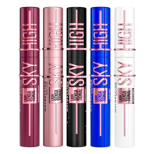 Maybelline new york mascara sky high lash sensational volumizzante e allungante colorazioni burgundy haze + nero + cosmic black + blue mist + primer nero per ciglia morbide - set da 5