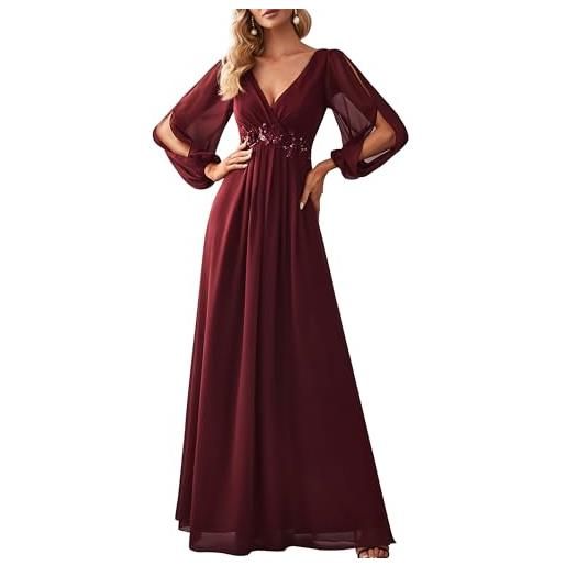 Ever-Pretty vestito da cerimonia elegante linea ad a scollo a v appliques plissettato donna taglie forti abiti da sera borgogna 56