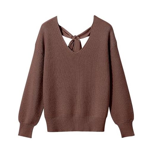JOASDAO maglione corto da donna con scollo a v a costine lavorato a maglia senza schienale pullover top cravatta posteriore manica lanterna sexy maglioni con spalle cadenti, caff, m