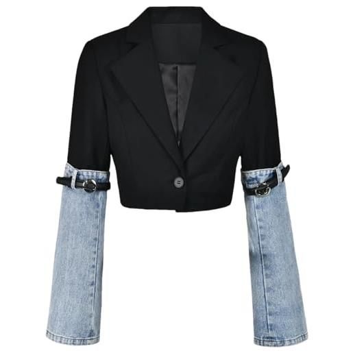 Yancremio blazer da donna in denim con cuciture primaverili e autunnali blazer super corto con risvolto alla moda y2k monopetto blazer elegante casual chic e sexy (blu, s)