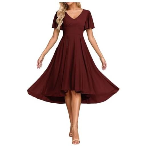 AHERKLL abiti da damigella d'onore a maniche corte per matrimonio in chiffon alto basso formale sera partito maxi abito lunghezza ah156, borgogna, 44