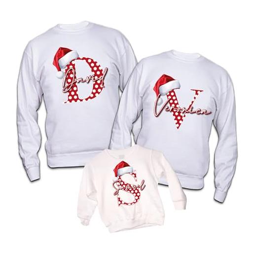 Generico set tris di felpe famiglia natale bianche - maglie natalizie per papà, mamma, bambino, bambina - maglione personalizzate con nome christmas letter - idea regalo famiglia natale calda