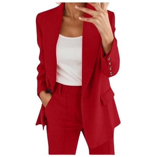 Generisch 2025 - abito da donna in due pezzi con risvolto, tuta da lavoro, a maniche lunghe, con bottoni, giacca formale, tailleur, pantaloni stretti e larghi, colore: rosso, xxl