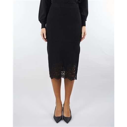 TWIN SET gonna nero longuette in maglia con pizzo