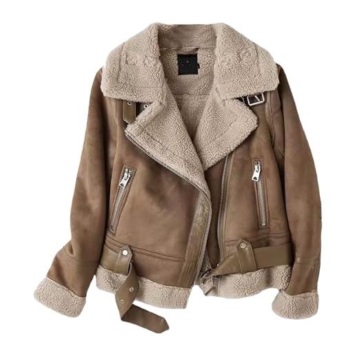 Generic cappotto in shearling spesso foderato da donna, giacca invernale in finta pelle con cerniera, nero, taglia grande