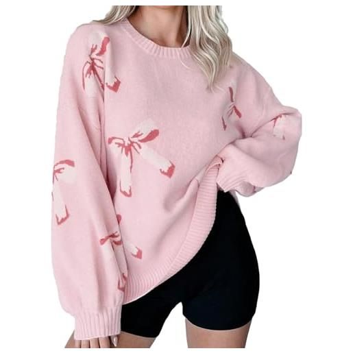 Generico lupetto con pizzo womens oversized cute bow tie sweater fall 2025 cozy chunky ribbed knit crewneck long sleeve pullover tops maglioni cotone donna (pink, m)