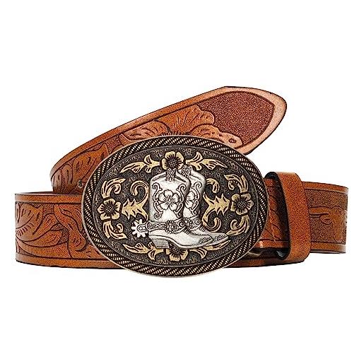 CaySep cintura da uomo e donna rodeo western cowboy, fibbia in metallo, stile western jean, con motivo floreale in rilievo, larghezza 3,8 cm, unisex per adulti, marrone-boot-style1, 110cm/for waist 84cm-94cm