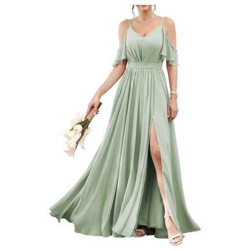 AHERKLL abiti da damigella d'onore in chiffon da donna per matrimonio con fessura abiti da ballo pieghe abiti da cocktail plus size hah003, verde salvia, 48