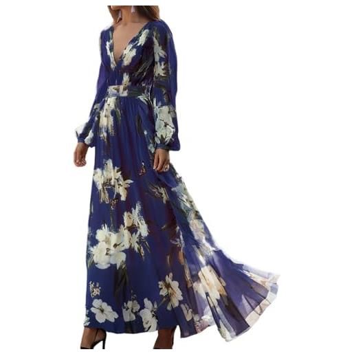 Onsoyours abito maxi donna scollo a v vestiti lungo stampa floreale vita alta cerimonia vestito elegante manica lunga curvy swing spiaggia abiti casual autunno a blu 3xl