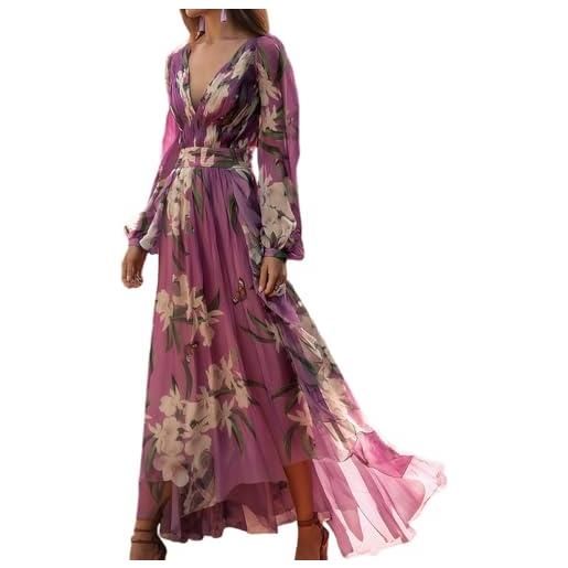 Onsoyours abito maxi donna scollo a v vestiti lungo stampa floreale vita alta cerimonia vestito elegante manica lunga curvy swing spiaggia abiti casual autunno a blu 3xl