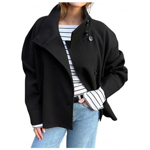 Dasongff cappotto corto in lana a collo alto e bottoni semplice da donna con tasche, blu marino, l