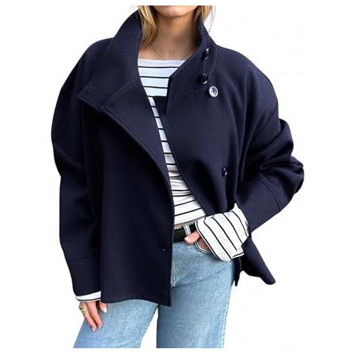 Dasongff maglia corta in lana con collo alto e bottonatura singola per donna con tasche, blu marino, s