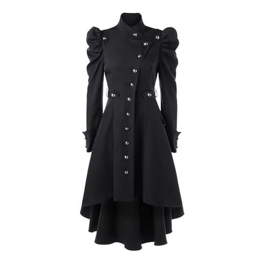 Foweknow trench coat - cappotto invernale da donna, in lana medievale, per il rinascimento, lungo, in velluto, elegante, invernale, outwear risvolto, cappotto vintage, parka, nero , l