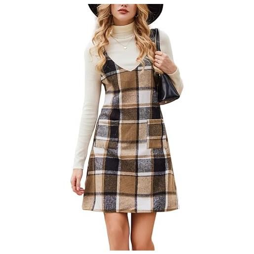 CUPSHE gonna da donna con scollo a v, tasche con motivo a quadri, linea a, abito per il tempo libero, mini abito, khaki a quadri, l