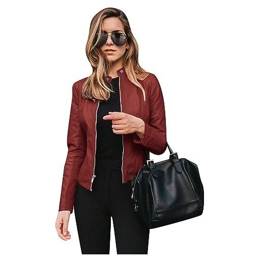 OMZIN faux leather jacket per le donne zip up snap collar faux leather jacket cropped giacca moto vino rosso 3xl