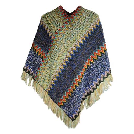 ZLYC poncho da donna vintage con frange a scialle a righe, mixed navy, taglia unica