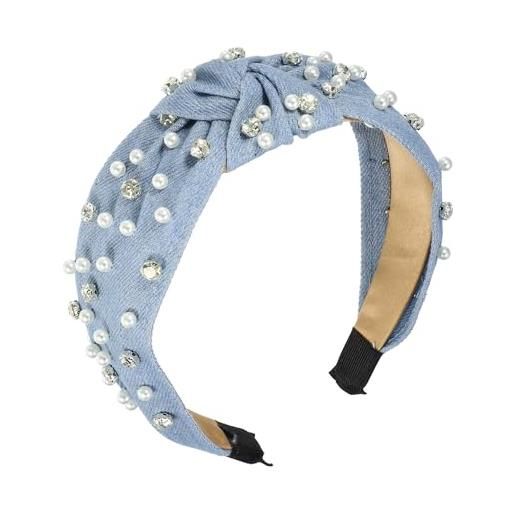 VOCOSTE fascia per capelli da donna con perle e strass, colore azzurra chiaro, 13,5x5 cm