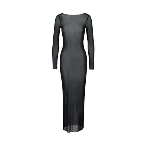 THSCWY abiti sexy trasparenti in rete trasparente con spalle scoperte per le donne bodycon sheer club cover up maxi body a maniche lunghe, nero, s