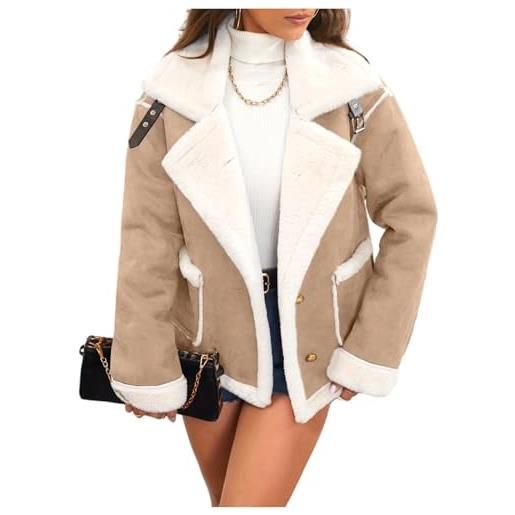 Generico giacca camoscio donna giubbotto giacca di pelle donna bomber casual con risvolto giacche corta vintage elegante maniche lunghe giacchetto autunno invernale cappotto caffè s