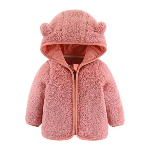 Alunsito cappotto per bambini in pile con cappuccio e orecchie con cerniera, leggero, a maniche lunghe, spesso e caldo, 100 rosa, 18-24 mesi