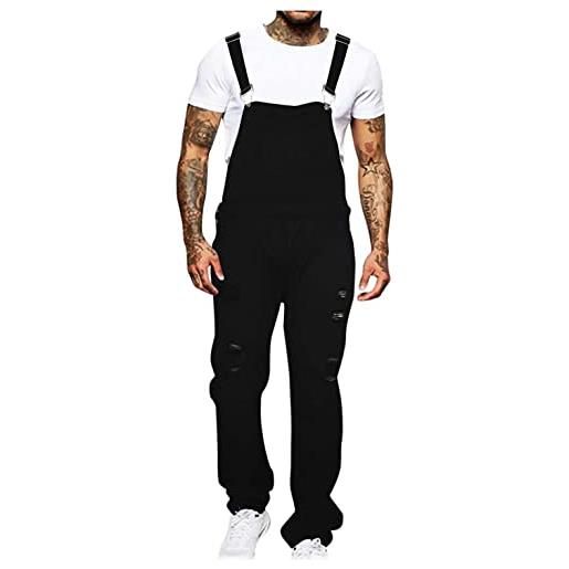 vokkrv salopette da uomo jeans da lavoro strappati pagliaccetti con bretelle con grandi tasche pantaloni in denim taglie forti overall jumpsuit 3xl blu nero casual moda ragazzo lavaggio rotto larghi