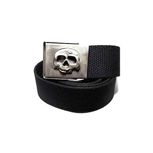 Salumificio Artigianale Gombitelli cintura nastro cotone 4 cm, 120 cm, con fibbia militare teschio a scatto si apre e si chiude veloce e semplice bagnata argento antico , nera bianca verde blu etc made in italy in omaggio 1 portachiavi