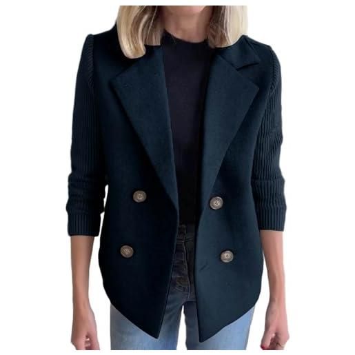 NZYIHAO blazer, cappotto invernale da donna, elegante, caldo, cappotto di lana con bottoni, classico, vintage, risvolti, slim fit, trench con tasche, cappotto corto, blu marino, s