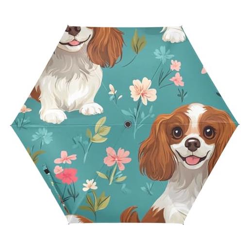 Amooorous cartoon cute cavalier king spaniel dogs turquoise_2 uv50+ ombrello automatico sotto il sole antivento resistente al sole impermeabile riparabile premium grip, adatto per auto e zaino auto