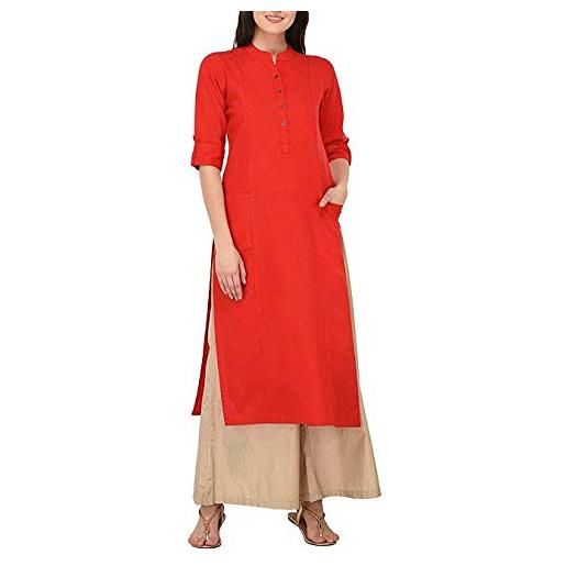 Ladyline tunica da donna in puro cotone tinta unita con maniche a 3/4, collo arrotolabile con bottoni, tasca, kurti lungo, rosso, xxl