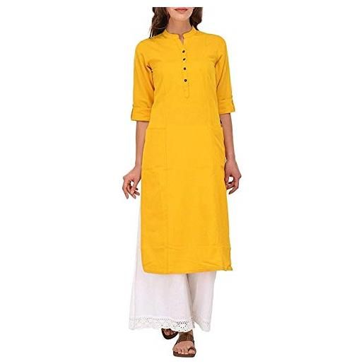 Ladyline tunica da donna in puro cotone tinta unita con maniche a 3/4, collo arrotolabile con bottoni, tasca, kurti lungo, bianco, s