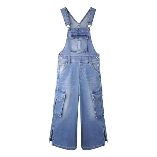 KIDSCOOL SPACE salopette di jeans per ragazze, salopette di jeans cargo con tasche a fisarmonica a gamba larga, 12