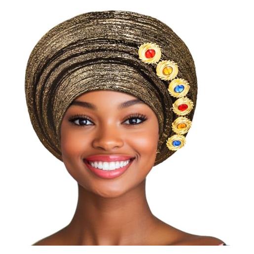 IYOU foulard africana per donne oro fascia per capelli turbante cristalli dorati regolabile copricapo vintage strass