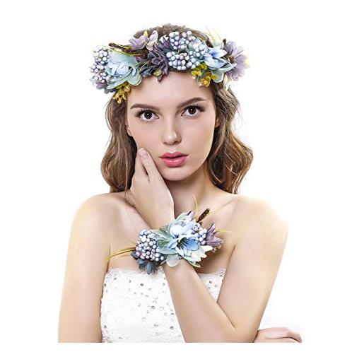 Ever Fairy® fascia per capelli con corona di fiori e fascia per il polso con ghirlanda floreale, set per matrimonio per donne e bambine blue taglia unica