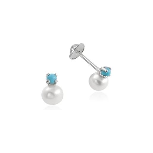 Turmalina by martina tormalina - orecchini da bambina in argento sterling 925, con perla e turchese, dimensioni 5 x 7,5, marca di gioielli tormalina by martina, 5x7,5, argento sterling, turchese